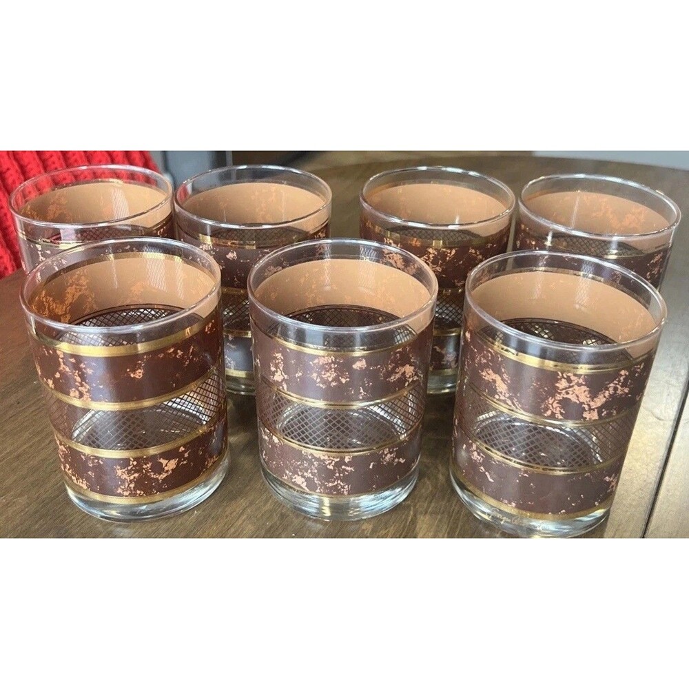 7 George Briard MCM Brown Leather Tortoise Marble Old Fashion Glasses Vtg